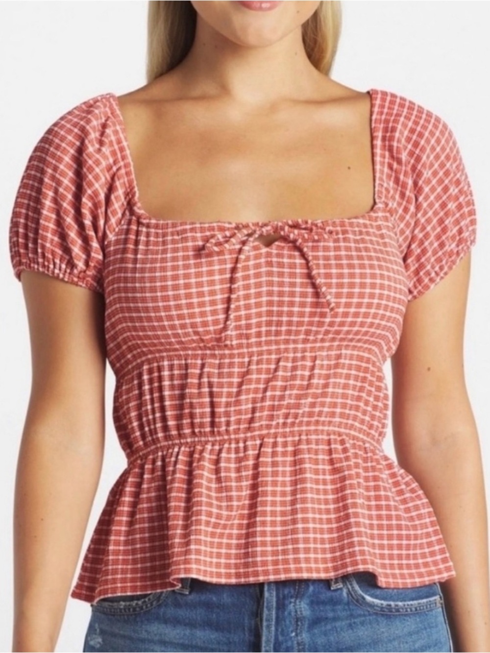 NWOT Madewell Red and White Gingham Square-Neck Omaha Tiered Top